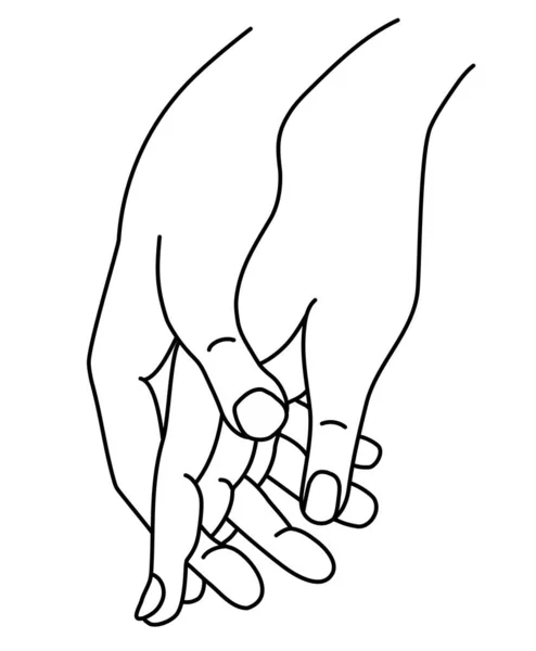 Mano femminile e maschile. Concetto - tenerezza, amore e passione. Donna e uomo che si tengono per mano. Disegno lineare a mano. Vettore. Isolato su bianco. mani di uomini e donne. — Vettoriale Stock