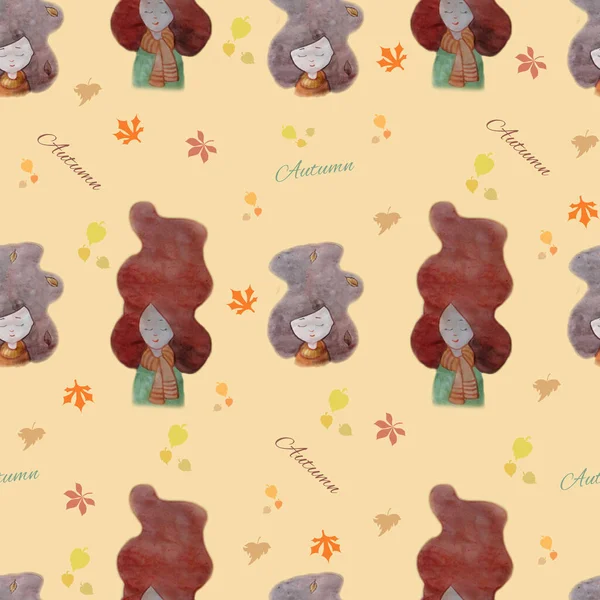 Seamless pattern. Autumn girl. Hand drawing watercolor. Girl with closed eyes and autumn leaves on a beige background and text Autumn. Autumn design concept. photo