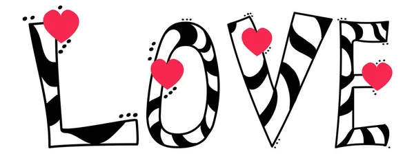 Design décoratif du mot Amour. Des lettres avec des cœurs. Ligne noire, vecteur sur fond blanc. Pour la conception de félicitations et la déclaration d'amour. — Image vectorielle