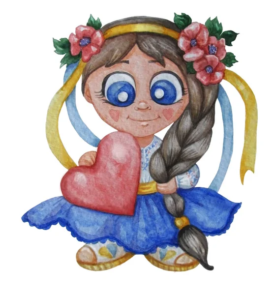 Ilustrações bonitos aquarela. Menina ucraniana em vestido nacional com um coração escarlate em suas mãos. Na cabeça há uma grinalda com flores e faixas um penteado. Desenho à mão aquarela — Fotografia de Stock