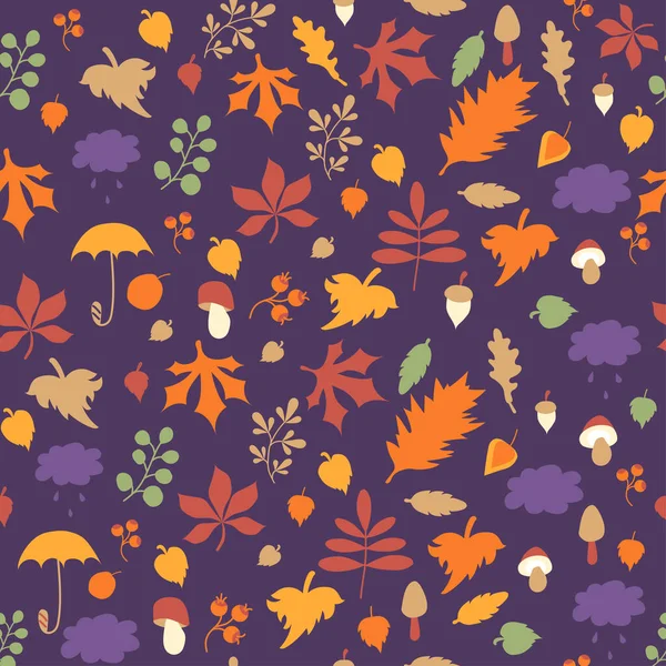 Herbstliches Muster. Nahtloses Muster. Helle Herbstblätter, Zweige, Beeren und Pilze, Wolken vor violettem Hintergrund. Für Herbstdekoration und Design, Verpackung und Druck. Vektor — Stockvektor