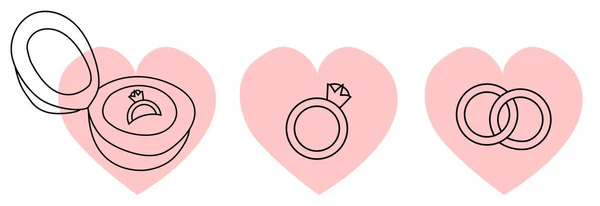 Förklaring om kärlek och bröllop. Att föreslå, en ring i en låda och vigselringar för bröllop.. En vektor satt en på rosa hjärta. linje vektor illustration. — Stock vektor