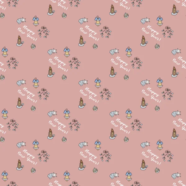 Nouvel an sans soudure modèle. Motif de Noël sur fond rose - une étoile et un chandelier, un gui et un jouet de Noël. Pour le design festif, la décoration et l'emballage. Vecteur — Image vectorielle