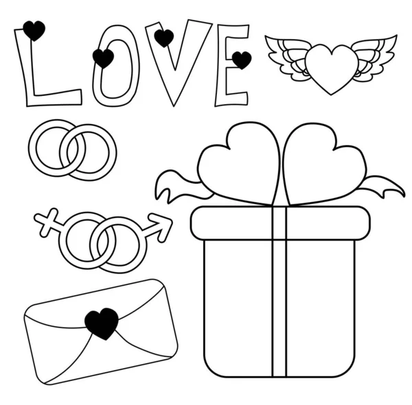 love doodles. Set of love for the holiday Valentines Day. Wedding rings and gender signs, gift, envelope and jewelry with hearts. For festive design. Contour drawing on white background. Vector