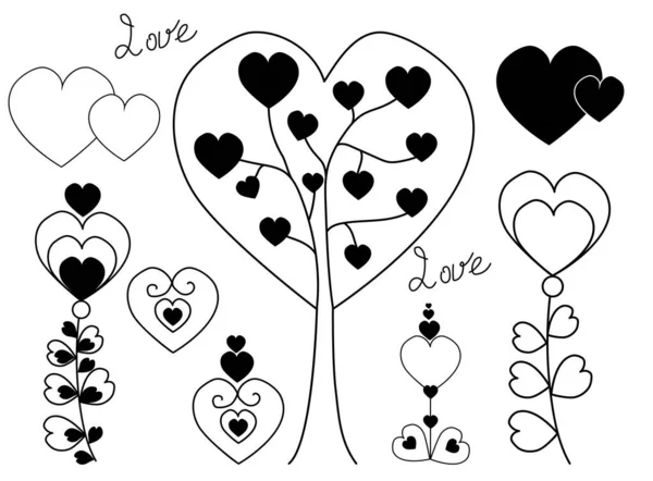 Love doodle. vector drawings of decorative elements with hearts - love tree and flowers. For festive decoration and romantic designs. Valentines Day. Vector. All Elements Isolated — Stock Vector