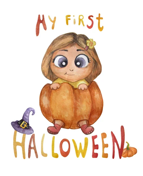 Min första Halloween. Söt illustration av en liten unge som sitter i en pumpa. Flickan firar den första halloween. Bredvid texten finns en häxhatt. Akvarell. Vertikal affisch — Stockfoto