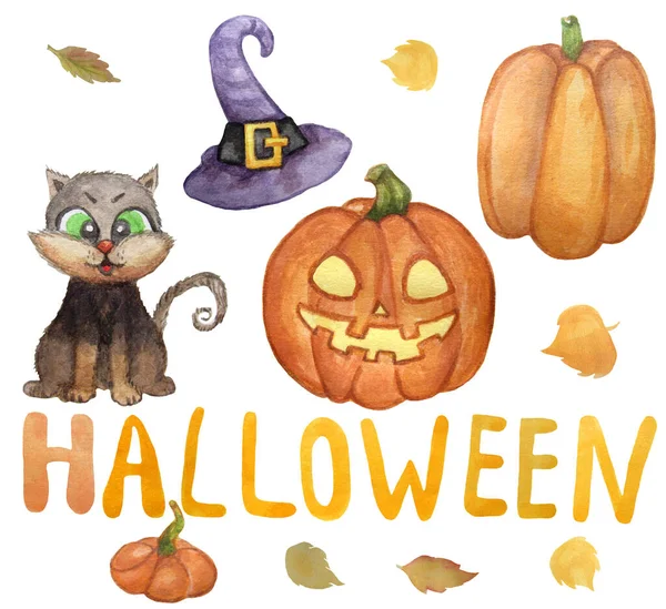 Halloween semester. Söta illustrationer - en svart katt med gröna ögon, en orange pumpa, en lila häxhatt och Jack Flashlight. Brev från Halloween. Akvarell. — Stockfoto