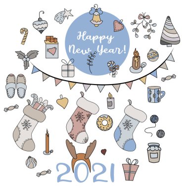 Noel yıldızı, mum, ökseotu çelengi, Noel balosu, oyuncak, şeker, hediye ve çoraplı grafikler. Vektör