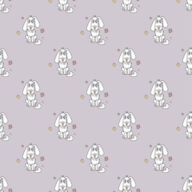 Güzel bir hayvanla kusursuz bir desen. Dili dışarı sarkan beyaz bir köpek ve mor bir arka planda kalpleri var. Vektör. Tasarım, ambalaj ve dekorasyon için.