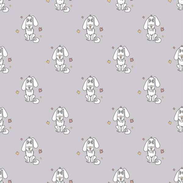 Nahtloses Muster mit einem niedlichen Tier - einem weißen Hund mit heraushängender Zunge und Herzen auf lila Hintergrund. Vektor. Für Design, Verpackung und Dekoration. — Stockvektor