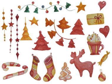 Yeni yıl unsurları. Noel ve yeni yıl için bir dizi resim - Noel ağaçları, çelenkler, toplar, geyikler, şeker kamışı, tatlılar ve zencefilli ekmek, hediyeler ve bir kalp. Beyaz arkaplanda suluboya
