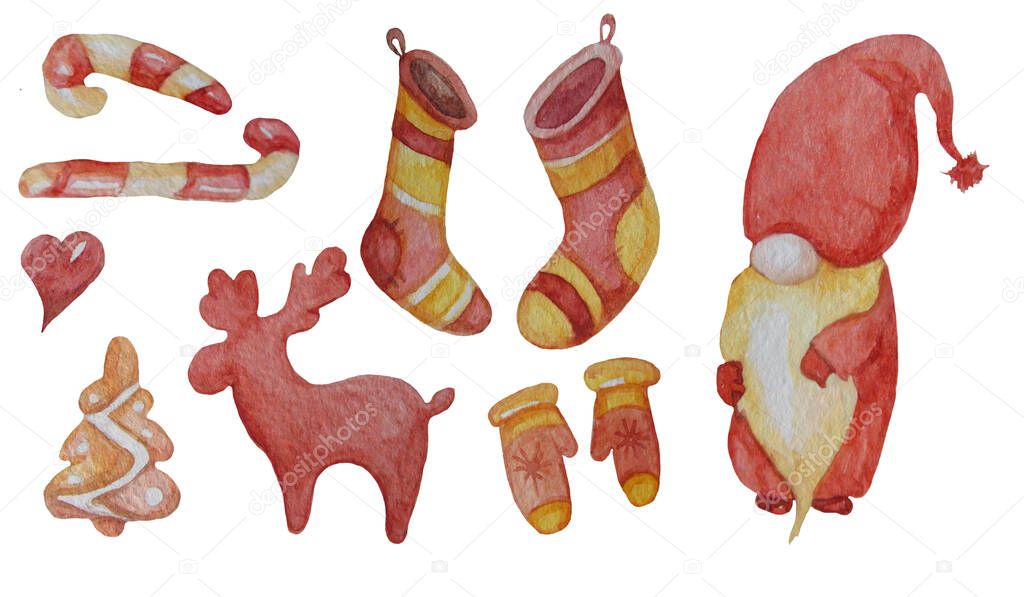 Set of New Years elements. A fabulous old gnome, a deer, Christmas stockings and mittens, gingerbread and a heart. For Christmas and New Years - design and decoration. Watercolor On a white background