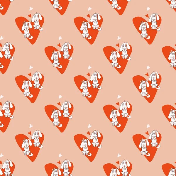 Patrón sin fisuras con corazones sobre el amor. Un par de perros blancos enamorados - un niño y una niña en un corazón rojo sobre un fondo rosa claro. Para diseño, embalaje, decoración. Vector — Vector de stock