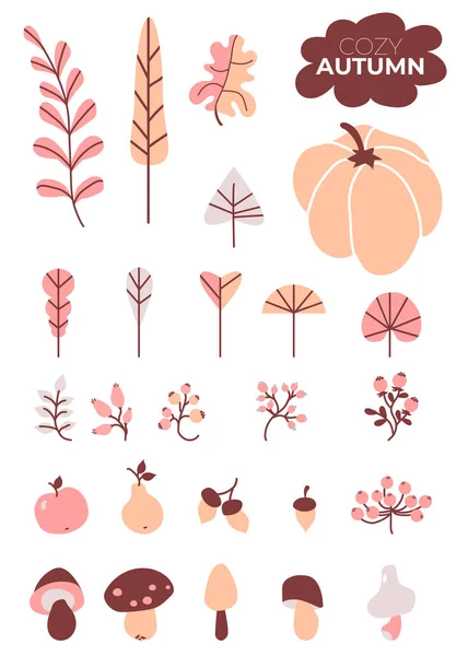 Gekleurde set herfsttekeningen. Gezellige herfst. Diverse bladeren en takken, bessen en eikels, champignons en pompoenen, een appel en een peer. Gebruik voor herfst ontwerp en decoratie. Vector. Afzonderlijke voorwerpen — Stockvector