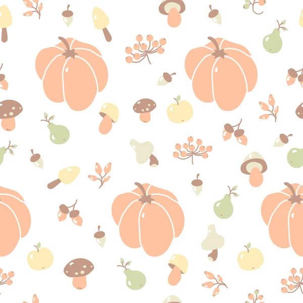 Осенний фон. Уютная осень и сбор урожая - тыква, желудь, грибы и ягоды, яблоко и груша на белом фоне. Для осеннего декора, дизайна, упаковки, текстиля и печати. Вектор — стоковый вектор