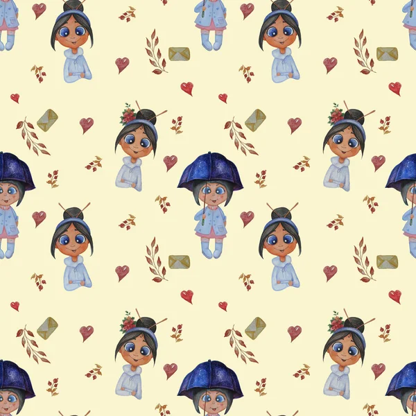 Seamless patterns with cute children. A girl under a blue umbrella and a girl with a hairdo with flowers on a yellow background with decorative leaves and hearts. Watercolor. Kids collection