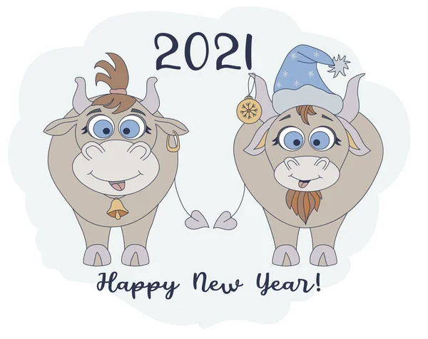 Año del toro. 2021. Personajes divertidos un lindo toro en un sombrero de Año Nuevo y una vaca divertida con un corte de pelo. Tarjeta de Año Nuevo y Feliz Año Nuevo saludos. Para el diseño festivo y la decoración. Vector — Archivo Imágenes Vectoriales