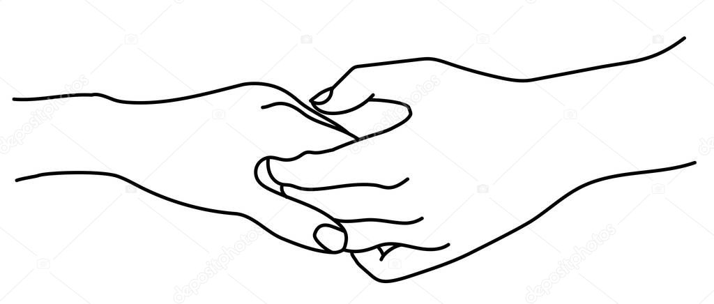 Hands. Gesture - Tenderness, love and passion. A mans hand gently holds a womans hand. contour line. Isolated over white background. Vector 
