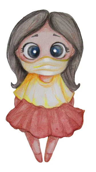 Pandemisch en geëngageerd concept. Een schattig klein meisje staat in een medisch masker. Aquarelverf en kleurpotloden. Handtekening. Geïsoleerd op witte achtergrond. Foto — Stockfoto