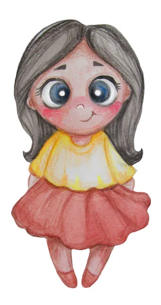 Kindercollectie. Schattig klein brunette meisje in een rode rok. Aquarelverf en kleurpotloden. Handtekening. Geïsoleerd over witte achtergrond. Hoge kwaliteit foto — Stockfoto