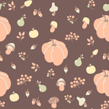 Kusursuz sonbahar şablonu. Sıcak sonbahar ve meyve hasadı - balkabağı, meşe palamudu, mantar, böğürtlen, elma ve armut kahverengi arka planda. Sonbahar dekorasyonu, ambalaj, tekstil için. Vektör illüstrasyonu