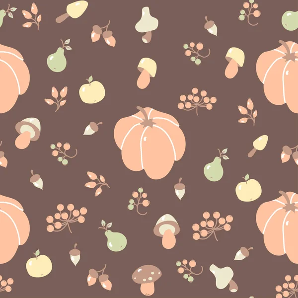 没有缝隙的秋天图案。舒适的秋天和收获的水果-南瓜，橡果，蘑菇，浆果，苹果和梨子的褐色背景。秋季装饰,包装,纺织品.矢量说明 — 图库矢量图片