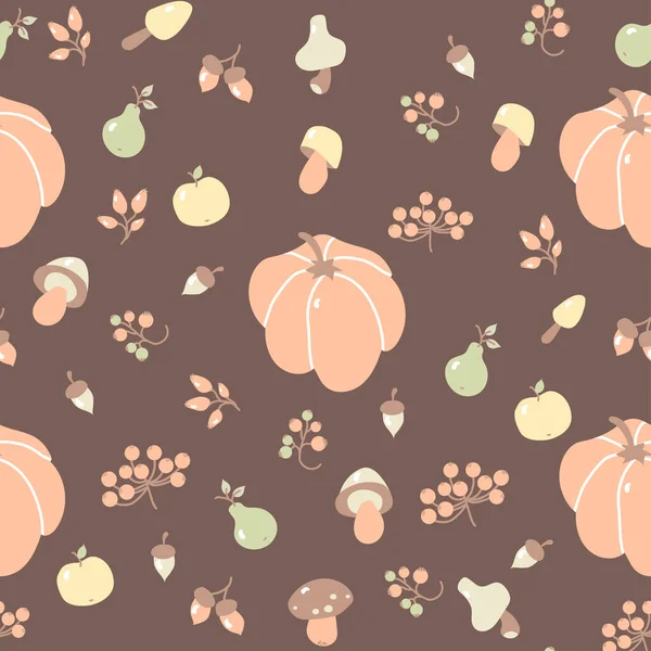 Nahtloses Herbstmuster. Gemütliche Herbst- und Obsternte - Kürbis, Eicheln, Pilze, Beeren, Apfel und Birne auf braunem Hintergrund. Für Herbstdekoration, Verpackungen, Textilien. Vektorillustration — Stockvektor