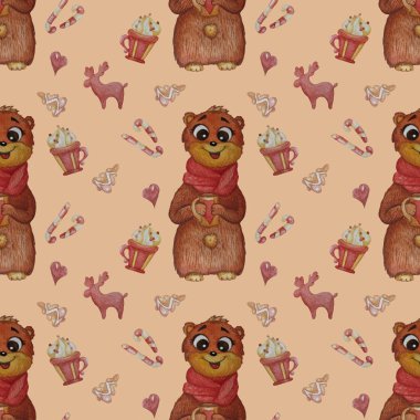 Kusursuz desenler. Sevimli bir ayı ve pençelerinde bir eşarp ve yeni yıl için dekoratif unsurlarla - geyik ve zencefilli ekmek, karamel şekerlemeler ve pembe arka planda tatlı. Suluboya.