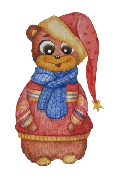 Aranyos és vicces medve kalapban, sállal és pulóverben. Vízfesték. Gyerekkollekció. Újévi tervezéshez és dekorációhoz — Stock Fotó