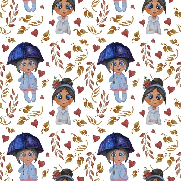 Seamless patterns with cute children. Girl under a blue umbrella and a girl with a hairdo with flowers on a white background with decorative autumn leaves. Watercolor. Kids collection 