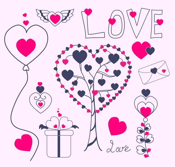 Love Doodle. Illustration vectorielle main Amour et Saint Valentin. éléments décoratifs coeurs et arbre d'amour, ballon, fleurs avec des coeurs. Pour une décoration festive et un design romantique. Éléments isolés — Image vectorielle