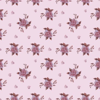 Kusursuz desenler. Romantik hafta çiçekleri. Pembe gül ve pembe arka planda kalpler. Sevgililer Günü için botanik, romantik dekor ve tasarım. Suluboya