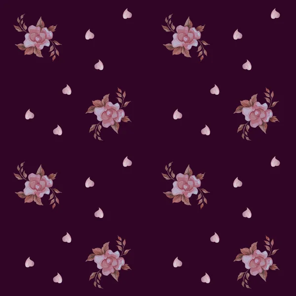 Nahtlose Muster. Dekorative botanische Elemente und Blumen. Rosa Rose und Herzen auf dunklem weinrotem Hintergrund. Für festliches, botanisches und romantisches Dekor und Design. Aquarell — Stockfoto