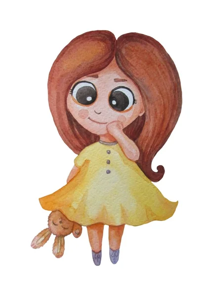 Leuke baby illustratie. Meisje met een kapsel in een gele jurk met een speelgoedkonijn. Aquarel. Handtekening op een witte achtergrond. Kindercollectie. Voor design en feestelijke inrichting. — Stockfoto