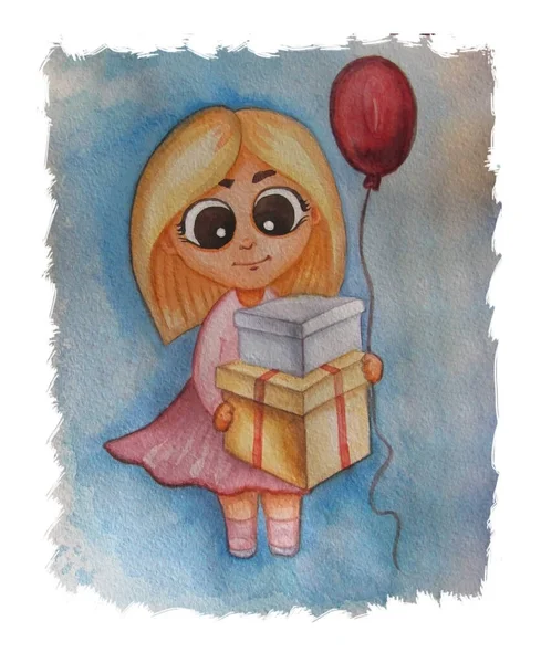 Leuke baby illustratie. Blond meisje met geschenken en een ballon op een blauwe kleurrijke achtergrond. Aquarel. Handtekening. Wenskaart voor design, decor, bakken en textiel — Stockfoto