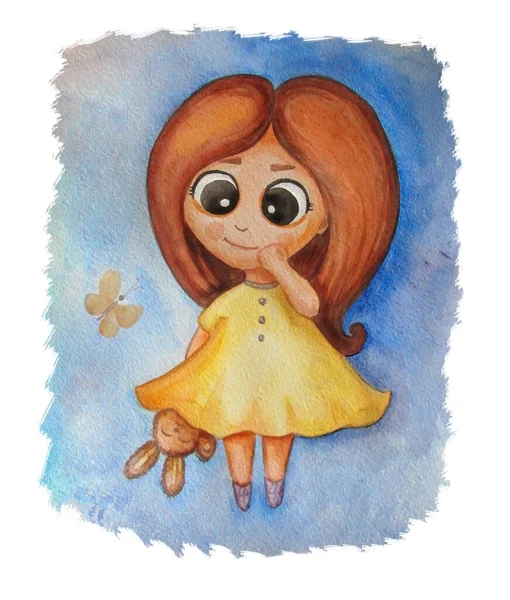 Leuke baby illustratie. Het meisje in een gele jurk met een speelgoedkonijn en een vliegende vlinder op een blauwe achtergrond. Aquareltekening. Kindercollectie. Voor ontwerp, inrichting, peperkoek en textiel — Stockfoto