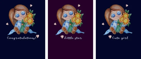 Coleção de crianças. Uma garota bonita está sentada com um buquê de flores de girassóis em um fundo azul. Parabéns cartões infantis. Texto - congratulações, pequena estrela e menina bonito. Aquarela — Fotografia de Stock
