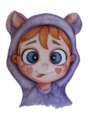 Şirin ve komik bir bebek, şirin mor kigurumi pijamaları ve komik kulakları var. Suluboya el çizimi. Çocuk koleksiyonu. Hoş bir illüstrasyon. Beyaz arkaplanda izole et