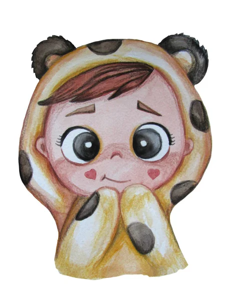 Childrens Day. Cute and funny baby in cozy kigurumi pajamas with ears - white teddy bear with black spots. Watercolor. hand drawing. isolate on white background. For design, postcards, decor — Stock Photo, Image