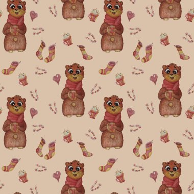 Kusursuz desenler. Sevimli bir ayı, atkısı ve pençelerinde bir kupayla, Noel çorapları, şekerler, şekerler ve pembe bir arka planda bir fincan tatlıyla. Çocuk koleksiyonu. Suluboya