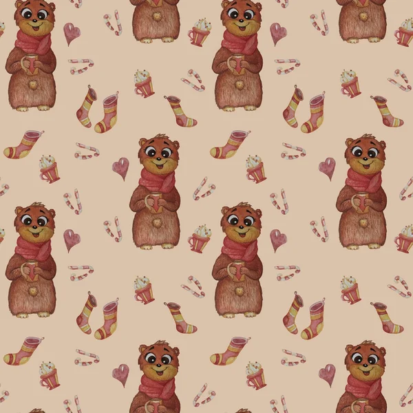 Kusursuz desenler. Sevimli bir ayı, atkısı ve pençelerinde bir kupayla, Noel çorapları, şekerler, şekerler ve pembe bir arka planda bir fincan tatlıyla. Çocuk koleksiyonu. Suluboya