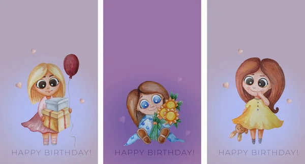 子供たちのお祝いカードのコレクション。可愛い女の子-ひまわりの花束で、贈り物と風船とおもちゃのウサギピンク紫色の背景にあります。お祝いの挨拶テキスト-幸せな誕生日。水彩画 — ストック写真