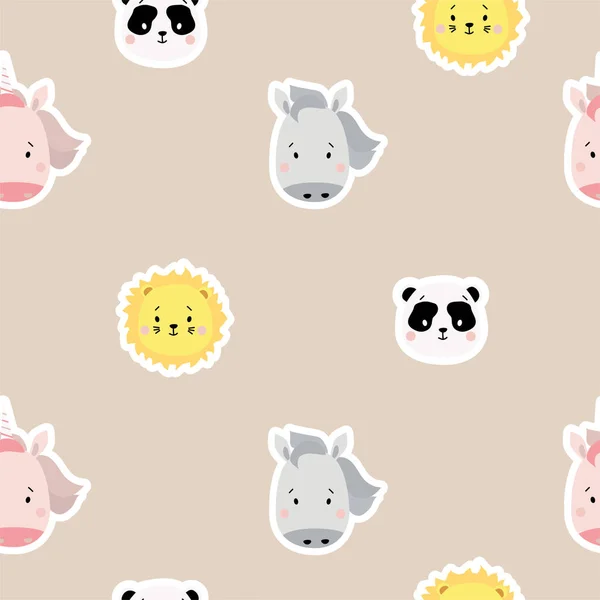 Naadloze patronen. Kindercollectie. Leuke dierenstickers - panda en paard, leeuw en roze eenhoorn op een zachte lila achtergrond. Voor ontwerp, textiel, verpakking en behang. Vector — Stockvector