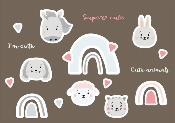 Cute stickers of animal and rainbow portraits. Scandinavian style stickers - a hare and a sheep, a horse and a cat, a dog and a rainbow with a heart. Icon set isolated vector illustration — Stock Vector