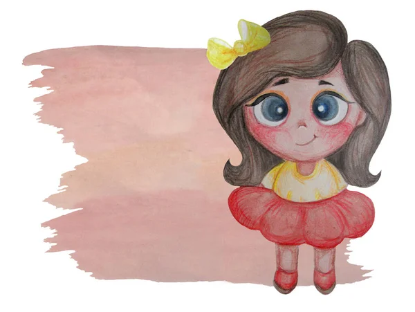 Kids collection. Cute little girl with hairstyle and yellow bow stands Near the pink background - a place to write the text. Watercolors and colored pencils. Hand drawing. For childrens design — Stock Photo, Image