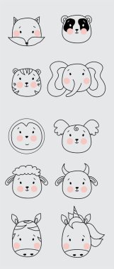 Taslak çizim. Şirin basit hayvan portreleri - tilki ve panda, kaplan ve kelimeler, penguen ve koala, koyun ve boğa, zebra ve tek boynuzlu at. Tasarım, baskı ve dekorasyon için çocuk koleksiyonu. Vektör 