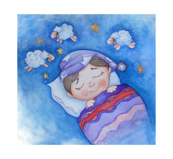 Sweet Dreams. A cute baby in pajamas sleeps under a blanket. Above him is a blue starry sky and sleeping cheerful sheep. Counts them to fall asleep. Watercolor. Hand drawing. Kids cute collection