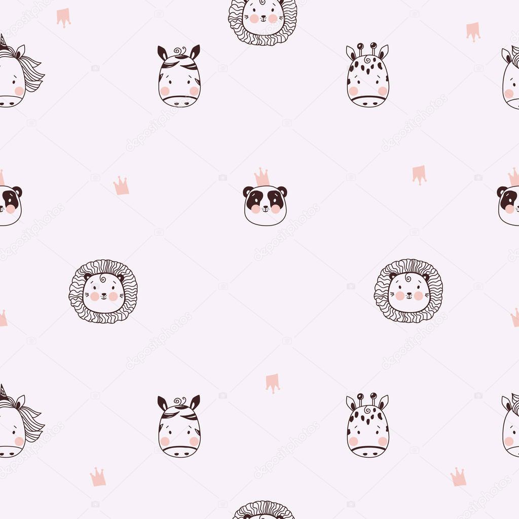 Seamless patterns. Cute decorative portraits of animals. Tropical - lion and panda, zebra and giraffe on a light background. The of textiles, packaging, wallpaper. Vector. outline.Scandinavian design