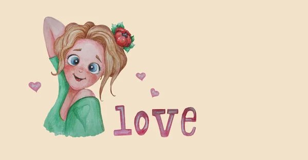 Retrato de una hermosa niña sonriente con una flor escarlata en el pelo sobre un fondo rosa con corazones y la palabra amor. Linda acuarela. Dibujo manual. Cartel horizontal para diseño y escritura de texto — Foto de Stock