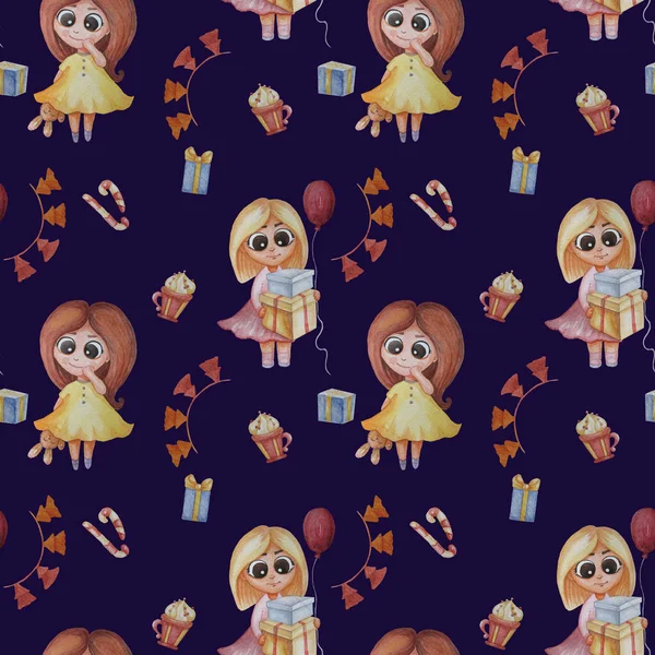 Seamless pattern. kids collection. Cute little girls with of gifts and a balloon and in a yellow dress with a toy hare on a dark blue background with garlands, Christmas trees and caramel. Watercolor